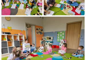 dzieci siedzą w kole i słuchają nauczycielki