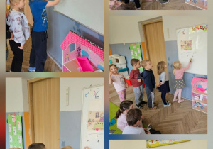 kolaż pięciu zdjęć na których dzieci piszą po tablicy