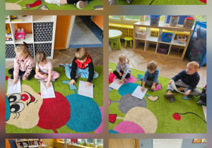 kolaż z sześciu zdjęć gdzie dzieci pracują na kartach na dywanie