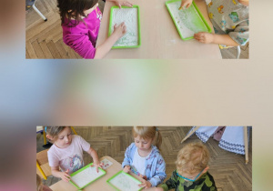 kolaż z dwóch zdjęć gdzie dzieci piszą wzór palcem na tackach z kaszą