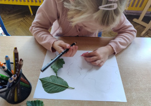 dziewczynka odrysowuje liść na białej kartce
