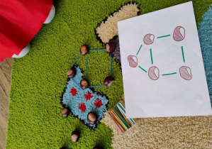 układ kasztanów i patyczków przedstawiający domek