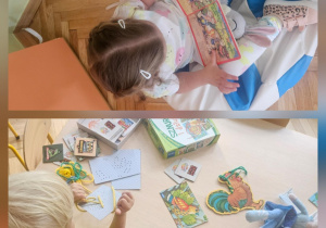 na pierwszym zdjęciu dzieci oglądają książki a na drugim siedzą przy stoliku