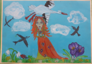 praca plastyczna wykonana pastelami, która przedstawia Panią Wiosnę z bocianem nad głową, obłokami i ptakami wokół oraz zielona trawą