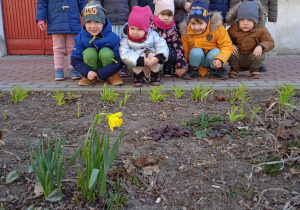 Dzieci stoją w grupie przed rabatką kwiatową