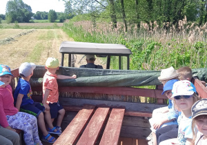 Dzieci siedzą w przyczepie traktora.