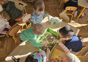 dzieci odgarniają piasek w kuwecie