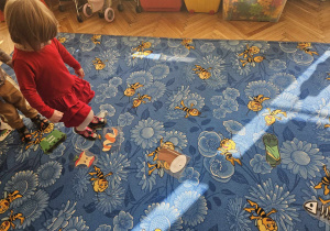 dziecko z obrazkami rozłożonymi na dywanie