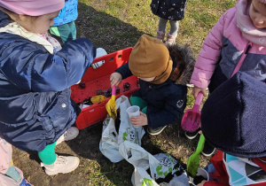 Dzieci sadzą cebulki do kubeczków