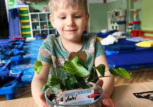 chłopiec trzyma słój, do którego posadził rośliny