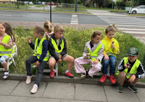 grupka siedzących dzieci i jedzących lody